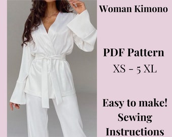 Woman Kimono Sewing Pattern, Bathrobe Pattern, Woman PDF sewing printable pattern, size XS-5XXL, Large/Plus sizes patterns, modern style.