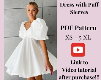 Puffy Sleeve Dress Pattern + Video Tutorial, Woman PDF sewing printable pattern, Plus sizes patterns, Dress pattern, Instant Download.