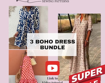 3 Boho-Kleider-Muster-Bundle, PDF-Nähmuster für Frauen zum Ausdrucken, Größe XS-5XXL, große/Plus-Größen-Muster, Boho-Kleid, Schnittmuster.