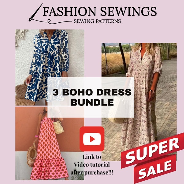3 Boho Dresses patterns Bundle, Woman PDF sewing printable pattern, size XS-5XXL, Large/Plus sizes patterns, Boho dress, Sewing Pattern.