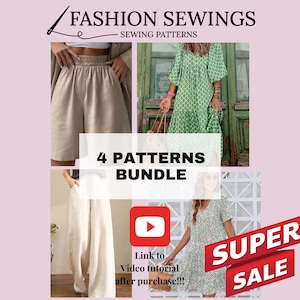 2 Dresses and 2 Pants patterns Bundle Video Tutorial, Woman PDF sewing printable pattern, XS-5XXL,Plus sizes patterns, Boho dress Pattern. image 1