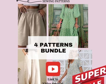 Paquete de 2 patrones de vestidos y 2 pantalones + Video Tutorial, Patrón imprimible de costura en PDF para mujer, XS-5XXL, Patrones de tallas grandes, Patrón de vestido Boho.