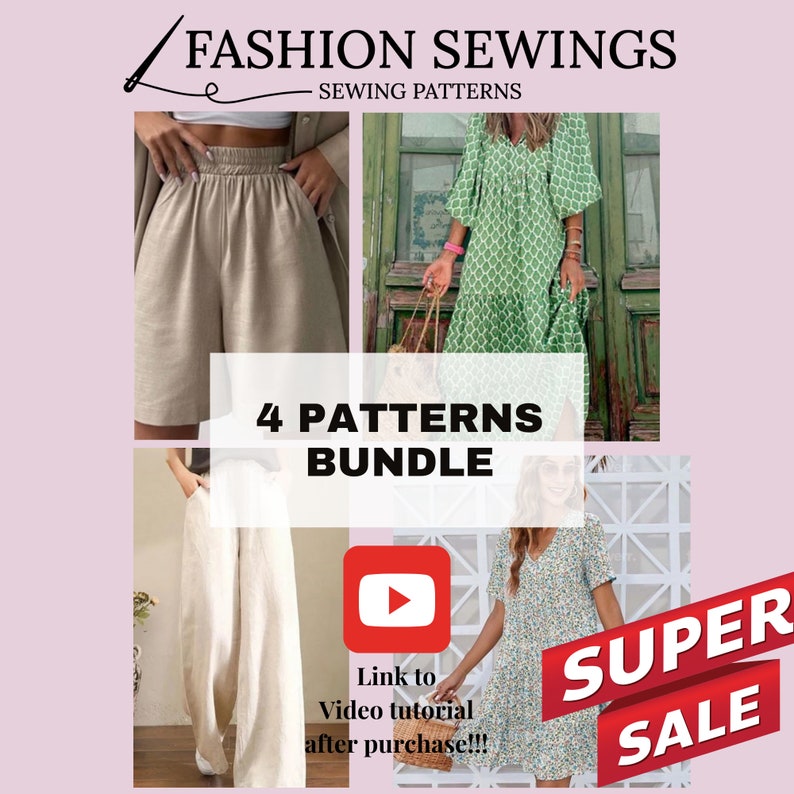 2 Dresses and 2 Pants patterns Bundle Video Tutorial, Woman PDF sewing printable pattern, XS-5XXL,Plus sizes patterns, Boho dress Pattern. image 1