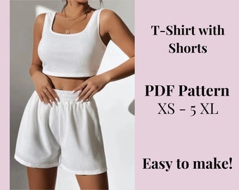 Patrón Crop Top con Shorts Grandes, Patrón imprimible de costura en PDF para mujer, talla XS-5XXL, Patrones para tallas Large/Plus, Estilo moderno.