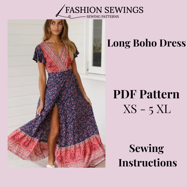 Boho Long Dress pattern, Woman PDF sewing printable pattern, size XS-5XXL, Plus sizes patterns, Dress with Sleeve, Sewing Pattern.