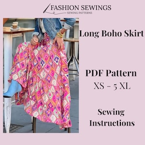 Könnte beinhalten: Ein langer Boho-Rock mit einem lebendigen geometrischen Muster in Pink, Lila und Grün. Der Rock ist gestuft und hat einen Kordelzug in der Taille. Der Text im Bild lautet "Long Boho Skirt", "PDF Pattern", "XS - 5 XL" und "Sewing Instructions".