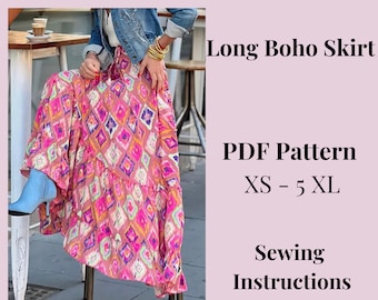 Long Boho Skirt pattern, Skirt pattern, Woman PDF sewing printable pattern, size XS-5XXL, Large/Plus sizes patterns, Sewing Pattern.