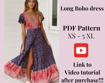 Boho Long Dress pattern, Woman PDF sewing printable pattern, size XS-5XXL, Plus sizes patterns, Dress with Sleeve, Sewing Pattern.