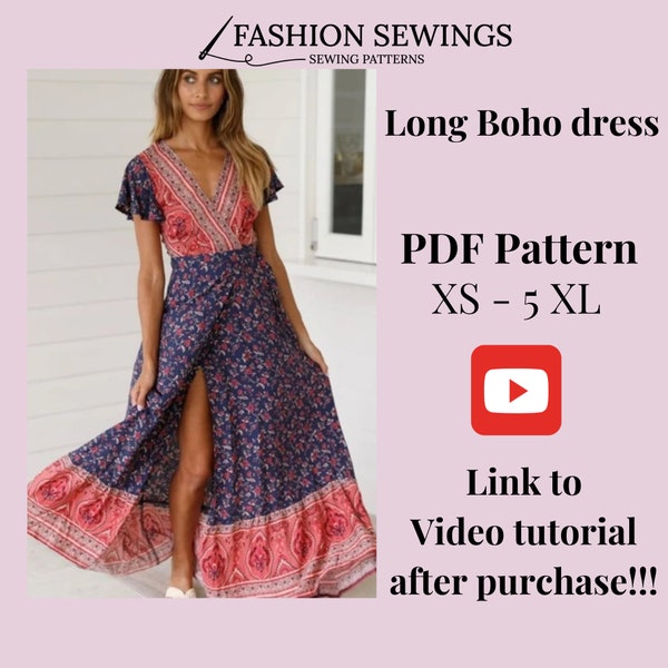 Boho langes Kleid Schnittmuster, Frau PDF druckbare Nähanleitung, Größe XS-5XXL, Plus Größen Schnittmuster, Kleid mit Ärmel, Schnittmuster.