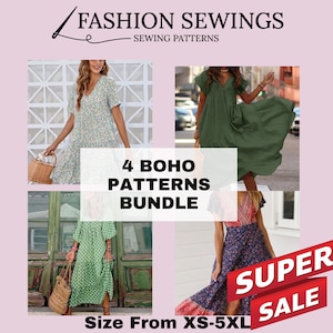 3 Boho Dresses patterns Bundle, Woman PDF sewing printable pattern, size XS-5XXL, Large/Plus sizes patterns, Boho dress, Sewing Pattern. image 6