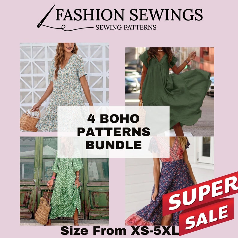 3 Boho Dresses patterns Bundle, Woman PDF sewing printable pattern, size XS-5XXL, Large/Plus sizes patterns, Boho dress, Sewing Pattern. image 6