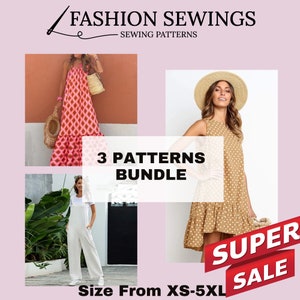 Peut inclure: Trois patrons de couture pour robes en lot. Les patrons comprennent une robe à imprimé géométrique rose et blanc, une robe à pois marrons et une combinaison blanche. Le texte "3 PATTERNS BUNDLE" et "SUPER SALE" est visible sur l'image. Les tailles vont du XS au 5XL.