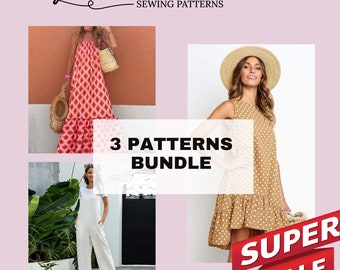 2 Dresses and Romper pattern Bundle, Woman PDF sewing printable pattern, size XS-5XXL, Large sizes patterns, Boho dress, Sewing Pattern.