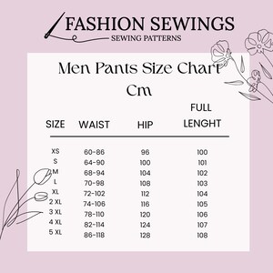 May include: A men's pants size chart in centimeters. The chart shows the waist, hip, and full length measurements for sizes XS to 5XL.