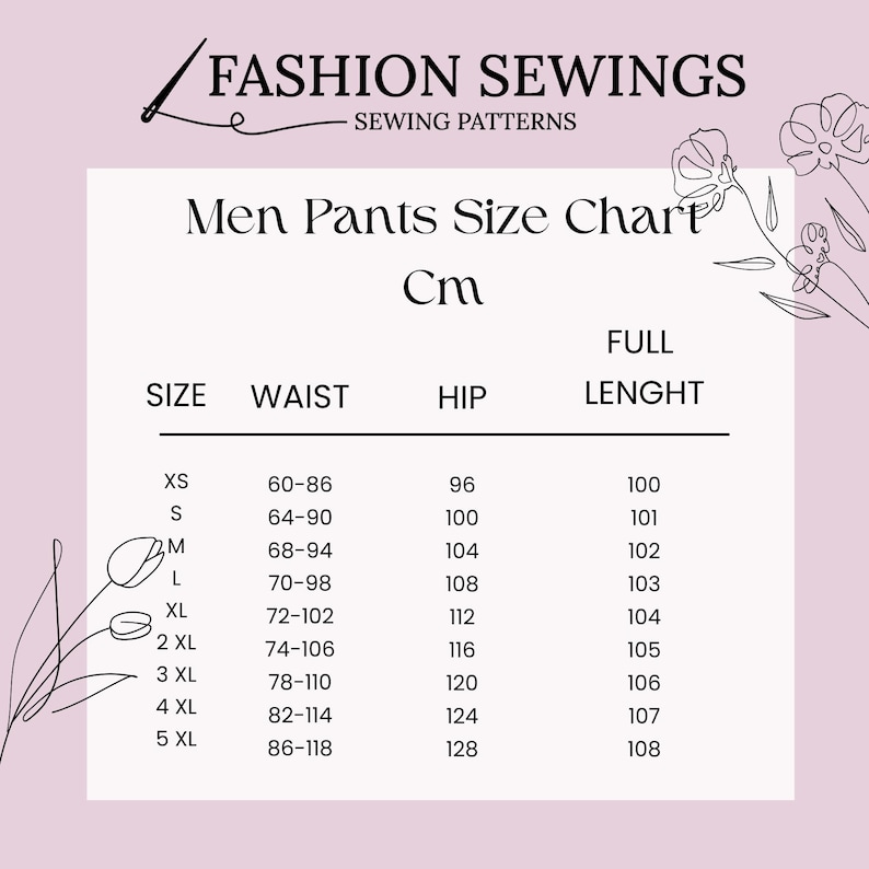 May include: A men's pants size chart in centimeters. The chart shows the waist, hip, and full length measurements for sizes XS to 5XL.