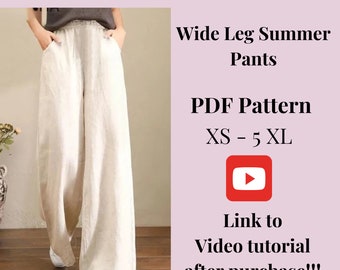 Patron pantalon large femme + tutoriel vidéo, patron de couture PDF imprimable, tailles XS-5XXL, modèles grandes tailles, instructions détaillées.