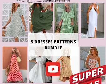 Paquete de 8 patrones de costura de vestidos + Video Tutorial, Patrón imprimible de costura en PDF para mujer, talla XS-5XXL, Patrones de tallas Large/Plus, Vestido Boho.