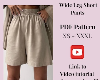 Woman Wide Leg Linen Shorts pattern,PDF sewing printable pattern, size XS-XXXL, Large/Plus sizes patterns, Instructions, Video Tutorial.