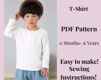 Kids T- Shirt Sewing Pattern,Easy Download, PDF Digital Baby Sewing Pattern, Kids PDF sewing pattern. From 0 Months To 6 Years.