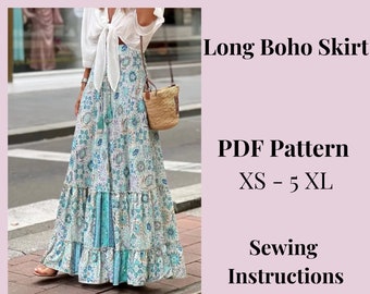 Long Boho Skirt pattern, Skirt pattern, Woman PDF sewing printable pattern, size XS-5XXL, Large/Plus sizes patterns, Sewing Pattern.