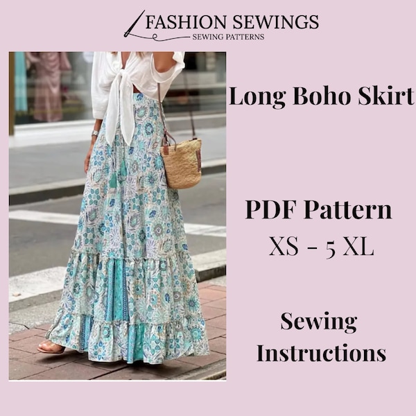 Long Boho Skirt pattern, Skirt pattern, Woman PDF sewing printable pattern, size XS-5XXL, Large/Plus sizes patterns, Sewing Pattern.