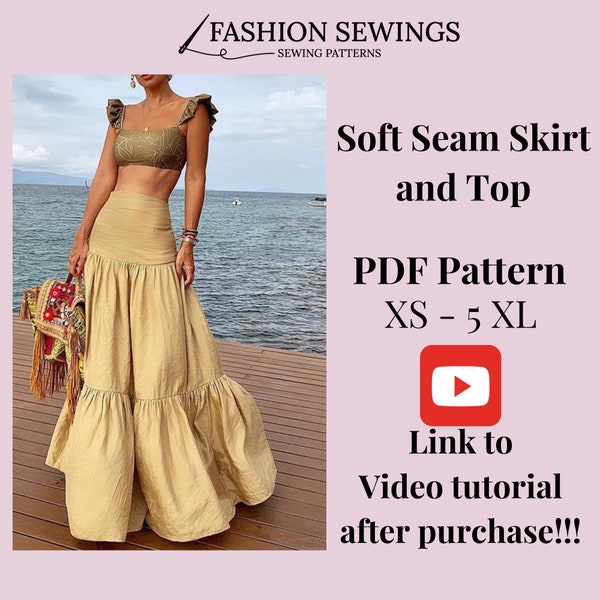 Soft Seam Long high waisted Skirt pattern + Top pattern, XS-5XXL, Plus sizes, printable pattern, Detailed Instructions, Video Tutorial.