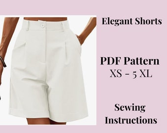 Elegant Wide Leg Woman Pleated High Waisted Shorts pattern, Woman PDF sewing printable pattern, size XS-5XXL, Large/Plus sizes patterns.