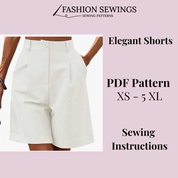 Elegant Wide Leg Woman Pleated High Waisted Shorts pattern, Woman PDF sewing printable pattern, size XS-5XXL, Large/Plus sizes patterns.