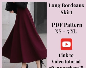 Patron de jupe longue taille haute + tutoriel vidéo, modèle de jupe, patron de couture PDF imprimable femme, taille XS-5XXL, patrons grandes tailles/plus