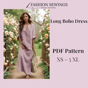 Può includere: Un cartamodello PDF per un lungo abito boho a righe. Il cartamodello è disponibile nelle taglie XS-5XL. L'immagine mostra una modella che indossa l'abito in un ambiente da giardino.