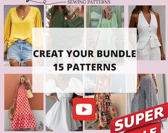 Create your Bundle + Video Tutorial. 15 patterns Bundle, Woman PDF sewing printable pattern, XS-5XXL,Plus sizes patterns, Mega bundle.