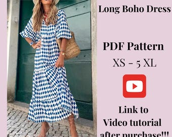 Molde para costura de vestido longo boho com mangas bufantes, tamanhos do XS ao 5XL (molde em PDF)