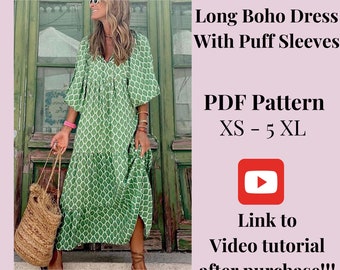 Patron robe longue bohème + tutoriel vidéo, patron de couture PDF imprimable femme, taille XS-5XXL, patron grandes tailles, patron de robe à manches bouffantes.