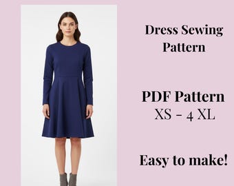 Woman Dress With Long Sleeves Sewing Pattern, XS-4XL (PDF Pattern)