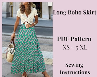 Long Boho Skirt pattern, Skirt pattern, Woman PDF sewing printable pattern, size XS-5XXL, Large/Plus sizes patterns, Sewing Pattern.