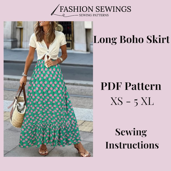 Long Boho Skirt pattern, Skirt pattern, Woman PDF sewing printable pattern, size XS-5XXL, Large/Plus sizes patterns, Sewing Pattern.