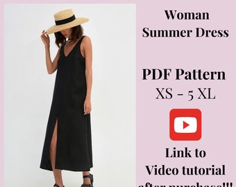 Puede incluir: Un vestido negro de verano sin mangas con una abertura en la parte delantera. El vestido está modelado en una persona que lleva un sombrero de paja y sandalias. La imagen incluye el texto "FASHION SEWINGS", "SEWING PATTERNS", "Woman Summer Dress", "PDF Pattern", "XS - 5 XL", "Link to Video tutorial after purchase!!!".