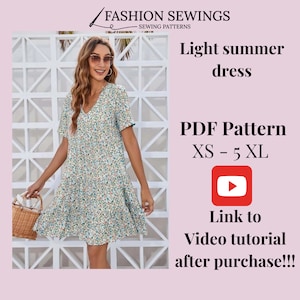 Op de afbeelding: Een PDF-naaipatroon voor een lichte zomerjurk met een bloemenprint. Het patroon omvat maten XS tot 5XL. Een videotutorial is beschikbaar na aankoop.