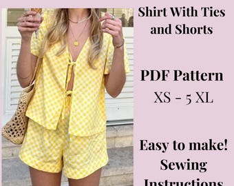 Front Tie Top and Wide Leg Shorts, Blouse pattern, PDF pattern, Plus sizes patterns, Detailed Instructions, Linen pattern, Size XS-5XL.