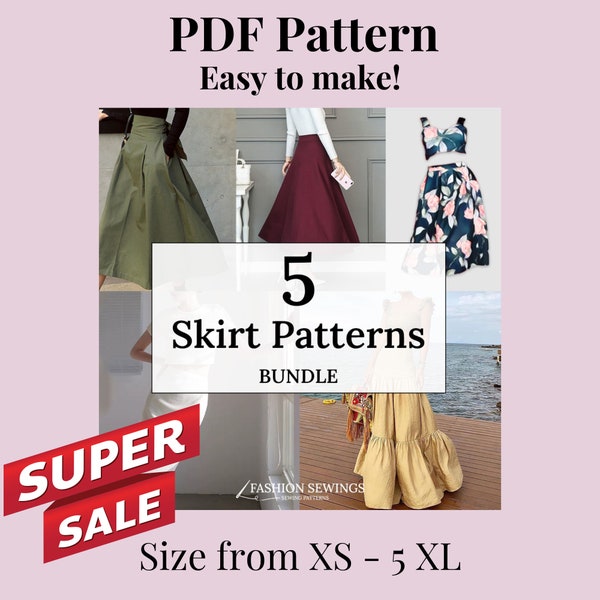 Lot de 5 motifs de jupes + 3 hauts gratuits, patron PDF imprimable Femme, tailles XS-5XXL, motifs grandes tailles et grandes tailles, motifs été.