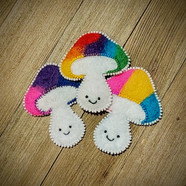 Felted Rainbow Mushrooms  | Handmade Brooches / Pins / Ornaments/ Patches
