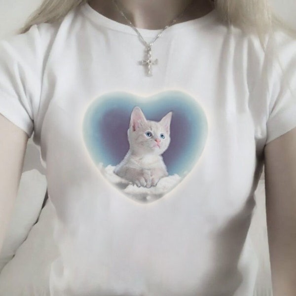 Baby tee y2k, Angelic Kitten Baby Tee, Coquette top, Vintage Baby Tee, Gift for cat lovers, Graphic Tee, Teenage Girl Gifts, Cat Graphic Tee