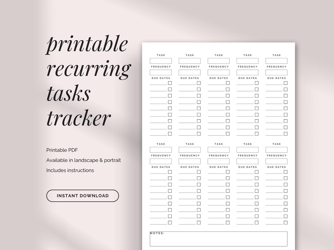Recurring Task Tracker Printable Personal | Recurring Task List ...