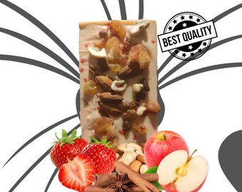 Homemade Chocolate Bars: Apple Cinnamon Nuts Strawberry flavored, with a hint of real farmers honey! Real artisanal chocolate bars!