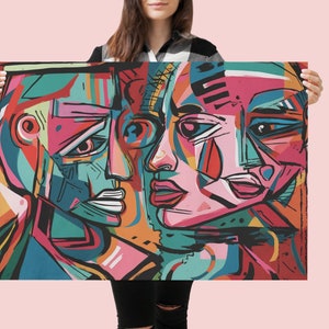 Puede incluir: Impresi&oacute;n de arte abstracto con dos caras en estilo cubista. Las caras est&aacute;n formadas por formas geom&eacute;tricas en tonos de azul, verde, rosa, rojo, amarillo y negro.