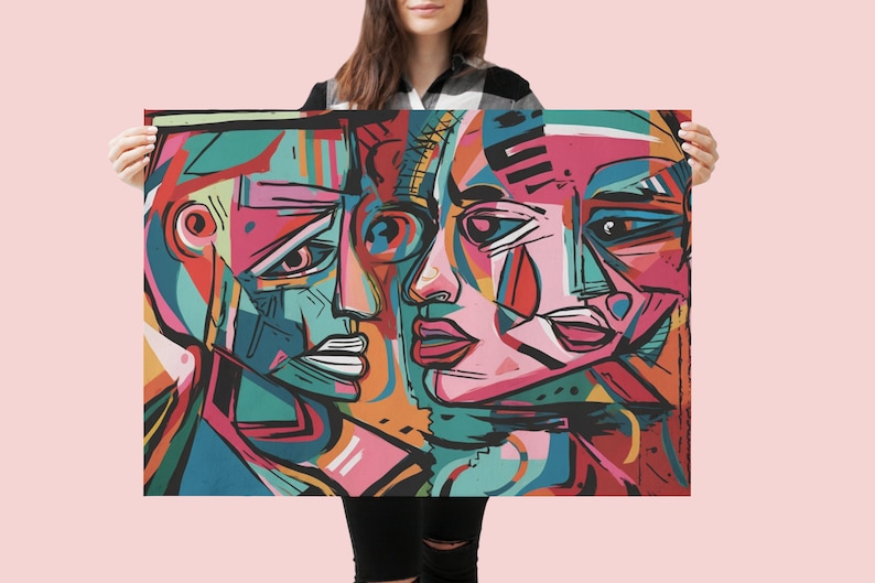 Puede incluir: Impresi&oacute;n de arte abstracto con dos caras en estilo cubista. Las caras est&aacute;n formadas por formas geom&eacute;tricas en tonos de azul, verde, rosa, rojo, amarillo y negro.