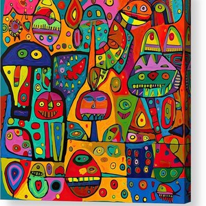 Puede incluir: Pintura abstracta con un diseño colorido y caprichoso que presenta diversas formas, figuras y patrones. La obra está dominada por colores brillantes como el rojo, el amarillo, el azul, el verde y el naranja. La pintura está llena de círculos, cuadrados y otras formas geométricas, creando una composición dinámica y enérgica.
