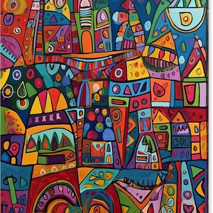 Puede incluir: Pintura abstracta con un patrón geométrico colorido. La pintura presenta una variedad de formas y colores, incluyendo círculos, cuadrados, triángulos y rectángulos. Los colores son brillantes y vibrantes, y el efecto general es de energía y movimiento.