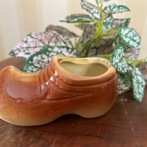 May include: A brown ceramic clog-shaped planter with a small opening at the top. The planter is sitting on a wooden surface with a green plant with white markings in the background.