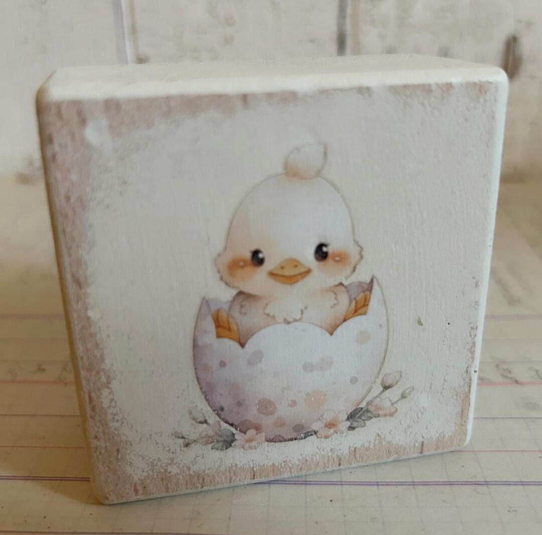 Block Chick Small Baby Chick in Egg Easter Block Shelf Sitter 2 3/4” Square ...